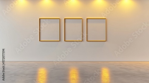 Empty room with spotlights and a white wall displaying artwork photo