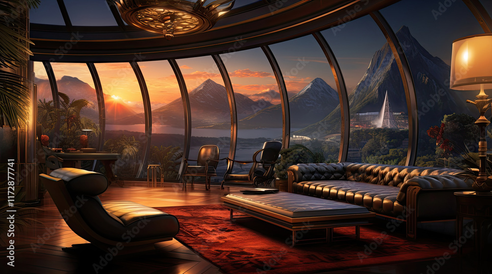 An illustration of a hotel living room with a mountains view at evening