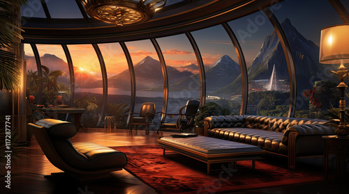 Obraz na płótnie An illustration of a hotel living room with a mountains view at evening w salonie