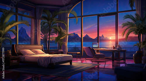 An illustration of a bedroom with a view of the sea, mountains, and the sun
