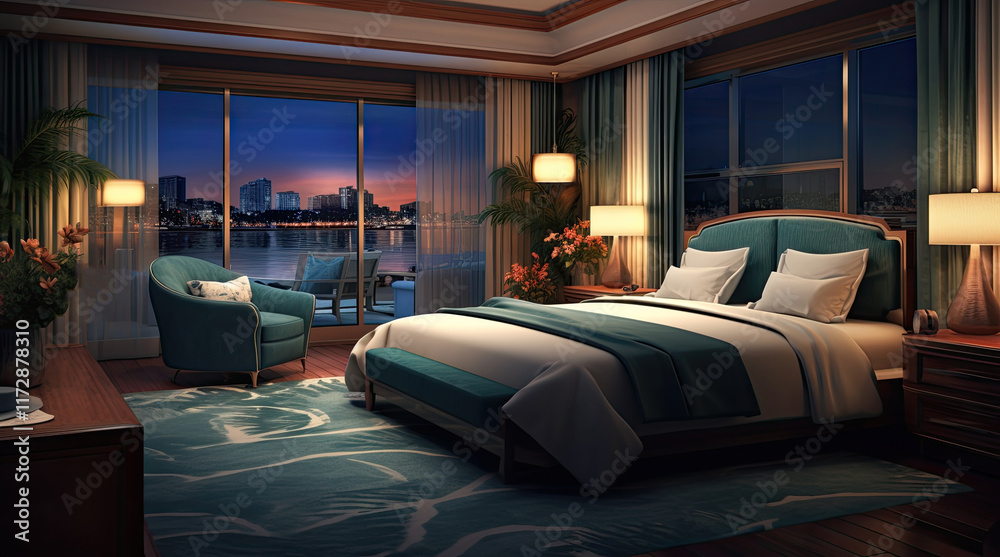 An illustration of a bedroom with a view of the city at night