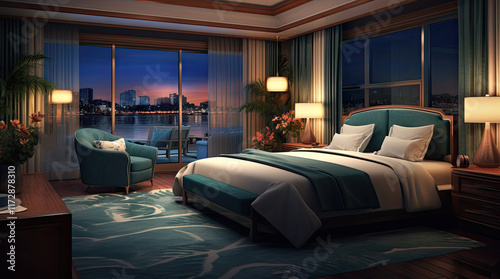 Obraz na płótnie An illustration of a bedroom with a view of the city at night w salonie