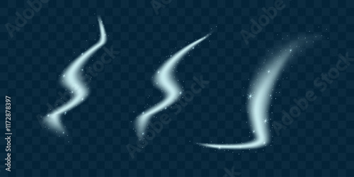 Realistic set of snow air flows. Cold wind, snow swirl. Realistic 3d vector illustration isolated on transparent background.