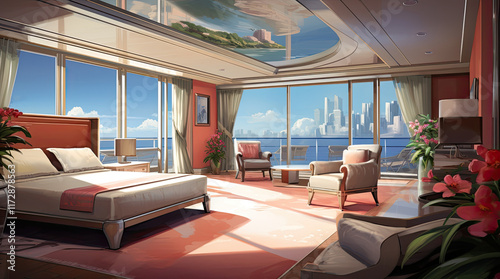 Obraz na płótnie An illustration of a bedroom with a view of city buildings in the morning w salonie