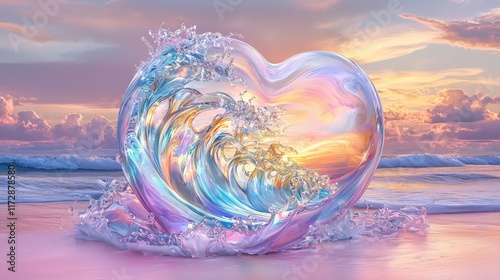 Ocean wave heart sunset beach iridescent glass