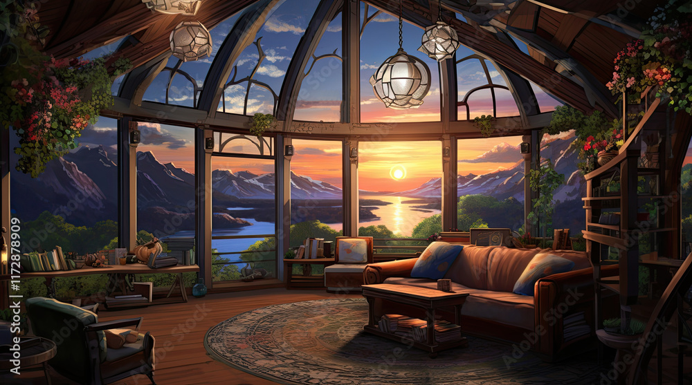 An illustration of a relaxing room in a house with a view of mountains and a river