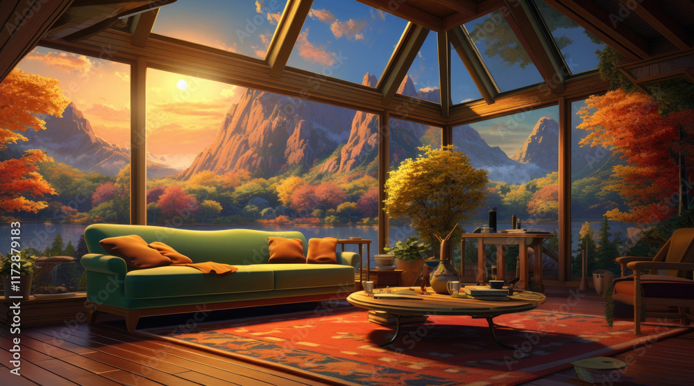 An illustration of a relaxing room in a house with a view of mountains and a river