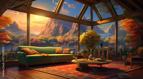 An illustration of a relaxing room in a house with a view of mountains and a river