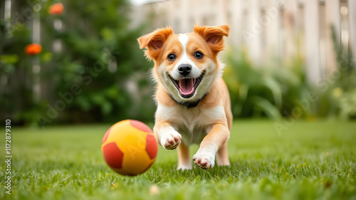 a cute dog playing with a ball in the backyard, with a cheerful and adorable expression photo