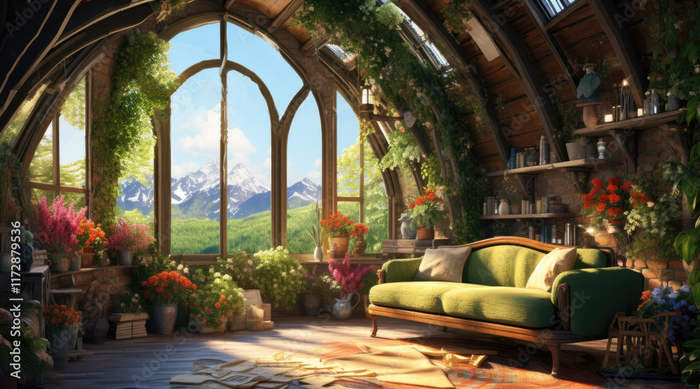 An illustration of a relaxing room in a house with a view of a forest and mountains