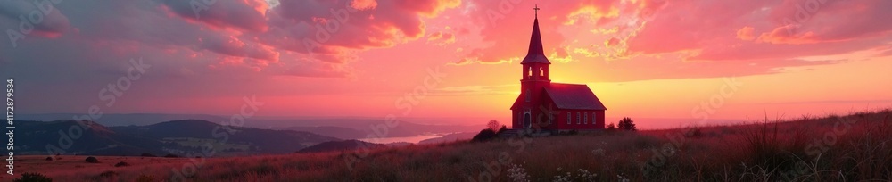 Fototapeta premium Red church tower at dawn with soft morning light, nature, red church, church tower