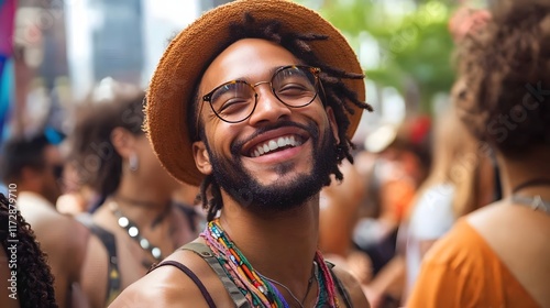 A happy man smiles brightly amidst a vibrant summer festival crowd. The image captures a moment of pure joy and celebration. community event celebrating diversity and inclusion photo