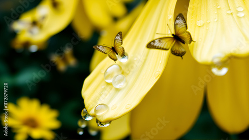 A tight shot of a yellow flower, droplets of water cascading from its petals Butterflies flit about in the backdrop photo