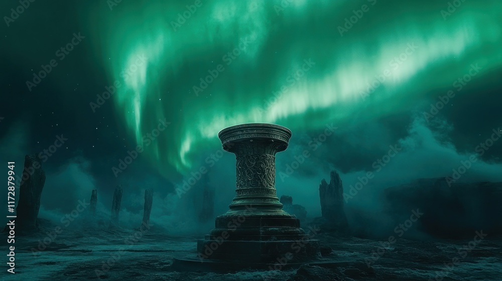 Golden Pedestal Under Serene Night with Aurora Borealis Lights
