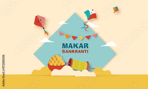 Makar Sankranti Kite festival bright color pedestal podium background Indian festival celebration Vector Illustration with kites, sweets and thread roll.