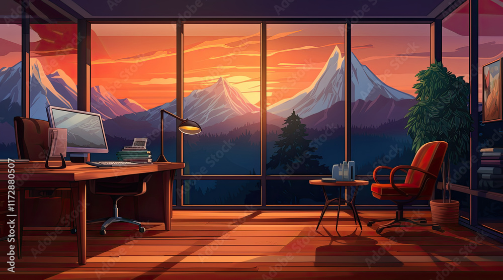 An illustration of a modern office room with a mountain view