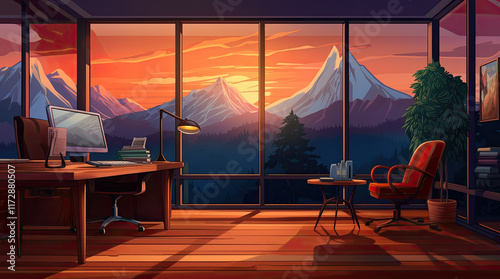 Obraz na płótnie An illustration of a modern office room with a mountain view w salonie