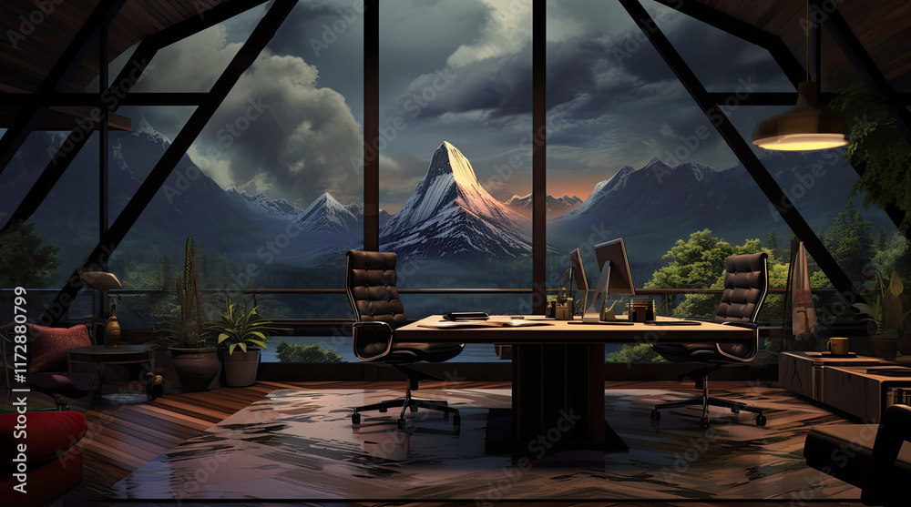 An illustration of a modern office room with a mountain view