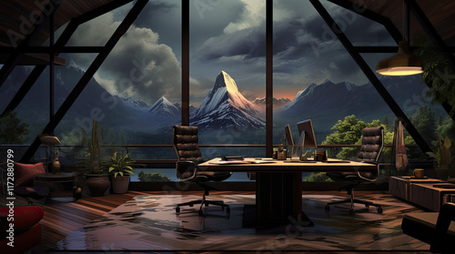 Obraz na płótnie An illustration of a modern office room with a mountain view w salonie