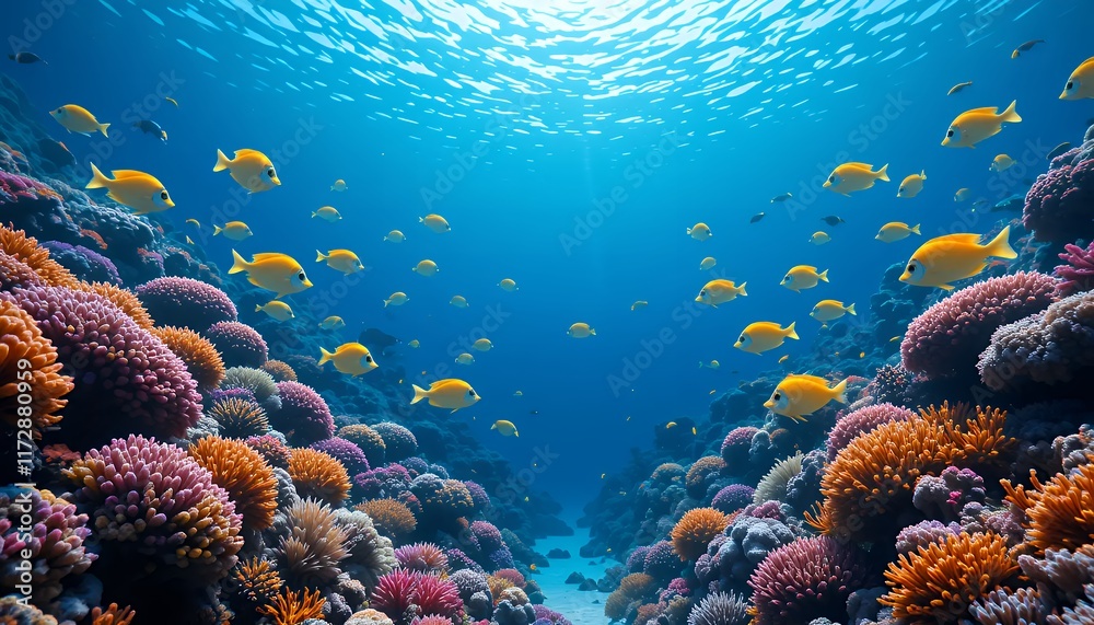 Fototapeta premium Vibrant Underwater Paradise: A Colorful Coral Reef teeming with life