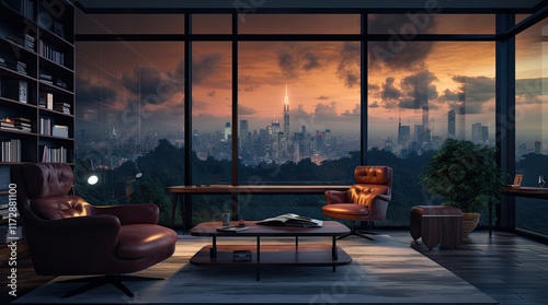 An illustration of a modern office room with a view of city buildings in the evening