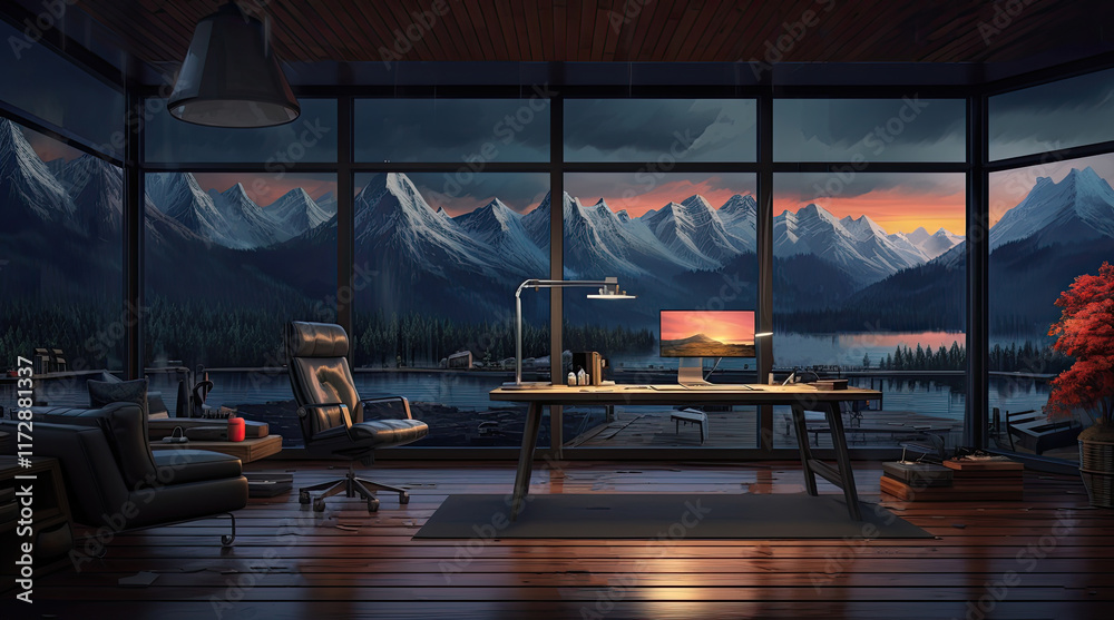 An illustration of a modern office room with a view of mountains and a river