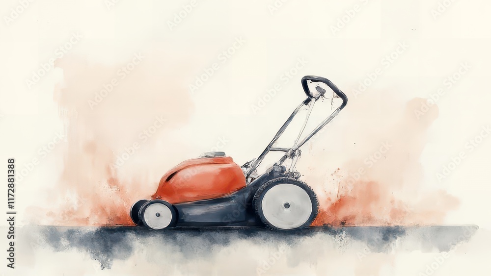 Red lawnmower cutting grass, watercolor style. Red lawnmower cutting grass, watercolor style.