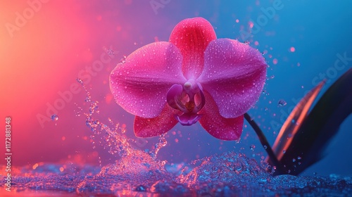Vibrant Pink Orchid Splashing in Neon Colors with Water Droplets