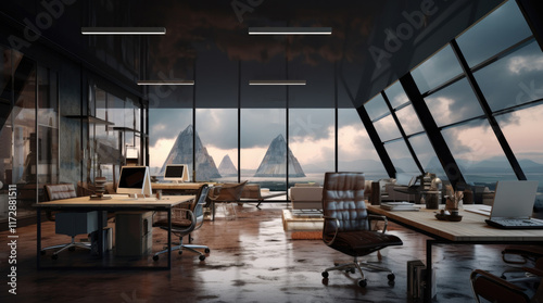 An illustration of a modern office room with a mountain view