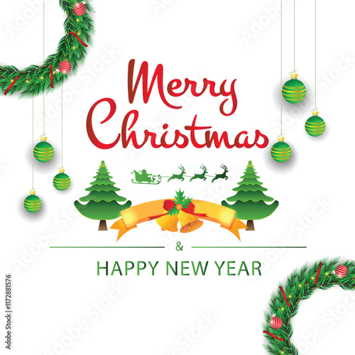 New year card with Christmas tree vector art illustration.