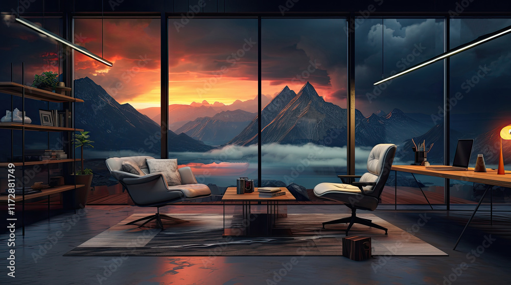 An illustration of a modern office room with a mountain view