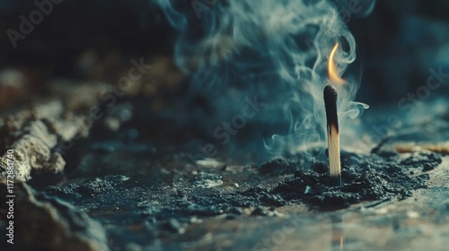 A close-up shot of a burnt matchstick with smoke still lingering, resting on a dark, textured surface. The image evokes a mood of mystery and quiet intensity. photo