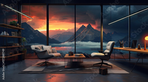 Obraz na płótnie An illustration of a modern office room with a mountain view w salonie