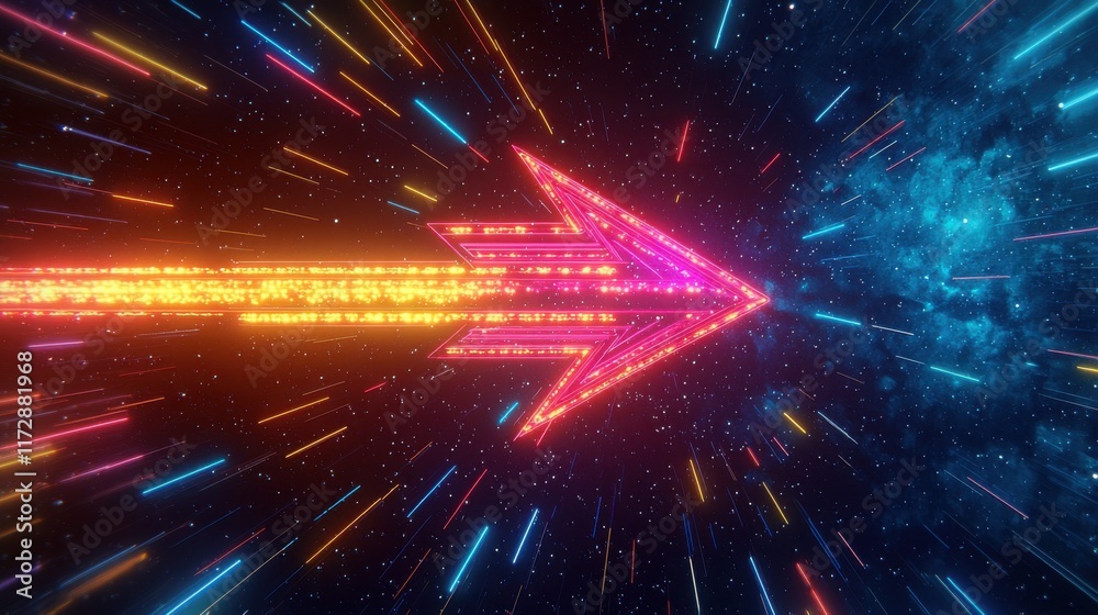 Naklejka premium A vibrant neon arrow streaks across a cosmic background, symbolizing rapid progress and futuristic technology. The contrasting colors and dynamic lines create a sense of speed and energy.