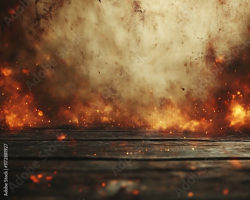 Fiery explosion with smoke and dark wooden floor.