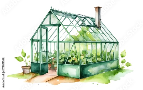 Modern Architectural Glass Greenhouse Design Rendered in Watercolor Style 