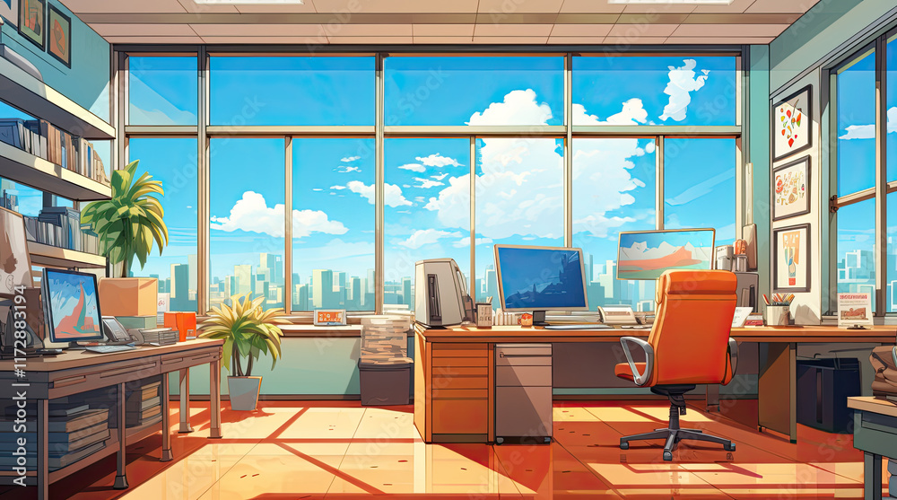 An illustration of an office room with a view of city buildings in the morning