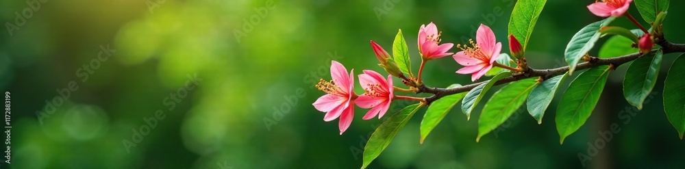 Fototapeta premium Leafy branches of Bagonia maculata with elongated leaves and pink flowers, Nature, shrub