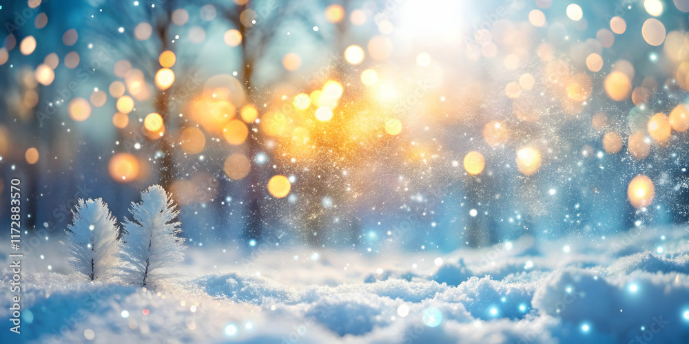 Naklejka premium Frosty winter wonderland scene with snowflakes gently falling, blurred bokeh lights twinkling in the background, and a serene forest landscape covered in snow and ice.