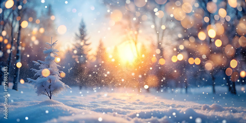 Frosty winter wonderland scene with snowflakes gently falling, blurred bokeh lights twinkling in the background, and a serene forest landscape covered in snow and ice.