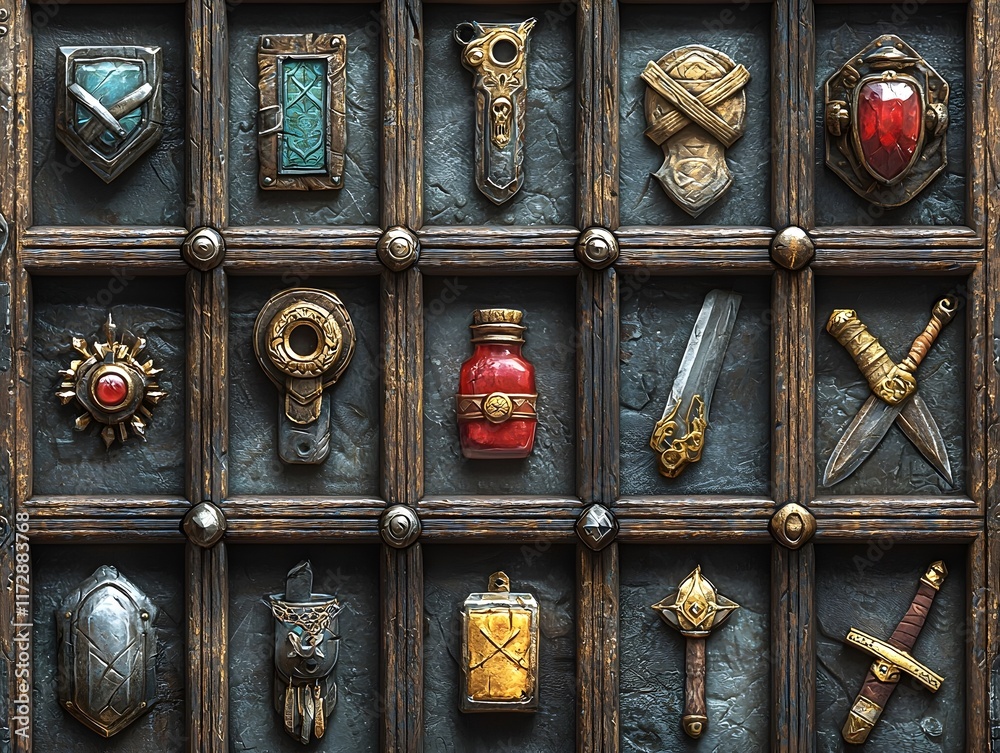 3D RPG inventory icons featuring weapons potions armor and tools on textured wood leather and metal backgrounds 3D RPG inventory icons featuring weapons potions armor and tools on textured wood leather and metal backgrounds