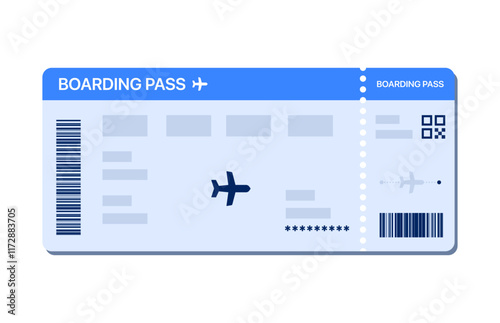 Boarding pass vector illustration. Air plane ticket template. Airline flight pass concept. Blue departure document. Blue airplane ticket design. Blank boarding pass template isolated.