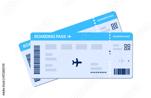 Boarding pass vector illustration. Two air plane tickets template. Airline flight pass concept. Blue departure document. Blue airplane tickets design. Blank boarding pass template isolated.