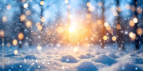 Frosty winter wonderland scene with snowflakes gently falling, blurred bokeh lights twinkling in the background, and a serene forest landscape covered in snow and ice.