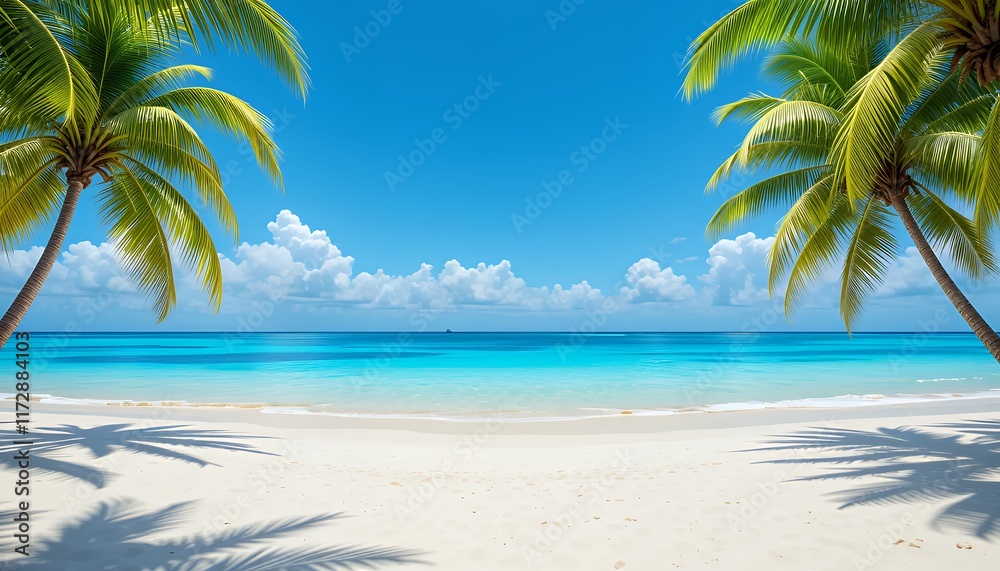 Fototapeta premium Tropical Beach Paradise: Idyllic White Sand, Azure Ocean, and Lush Palm Trees