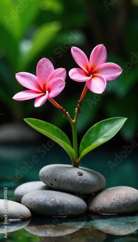 elegant pink plumeria stems placed among large rounded stones, flowers, tropical, stem