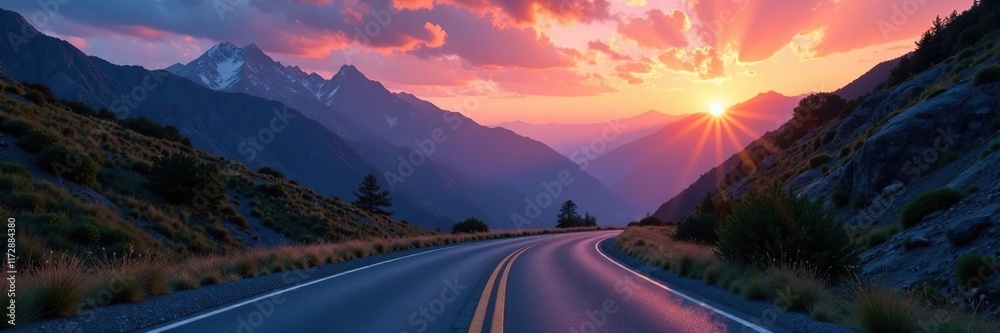Fototapeta premium Road unwinding through majestic mountains at dusk, scenery, atmosphere