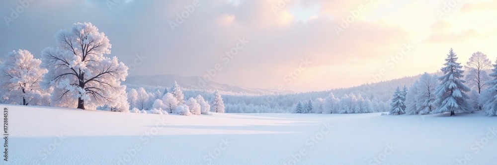 Serene landscape of vast white snow and frosty trees under the pale winter sky, vast, winter Serene landscape of vast white snow and frosty trees under the pale winter sky, vast, winter