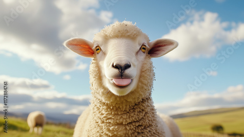 A humorous shot of a sheep with its tongue sticking out, emphasizing its personality and charm, surrounded by a rustic countryside environment. Great for marketing farm tours, educ photo