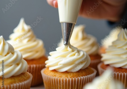 Decorating vanilla cupcakes with creamy frosting at a culinary workshop photo